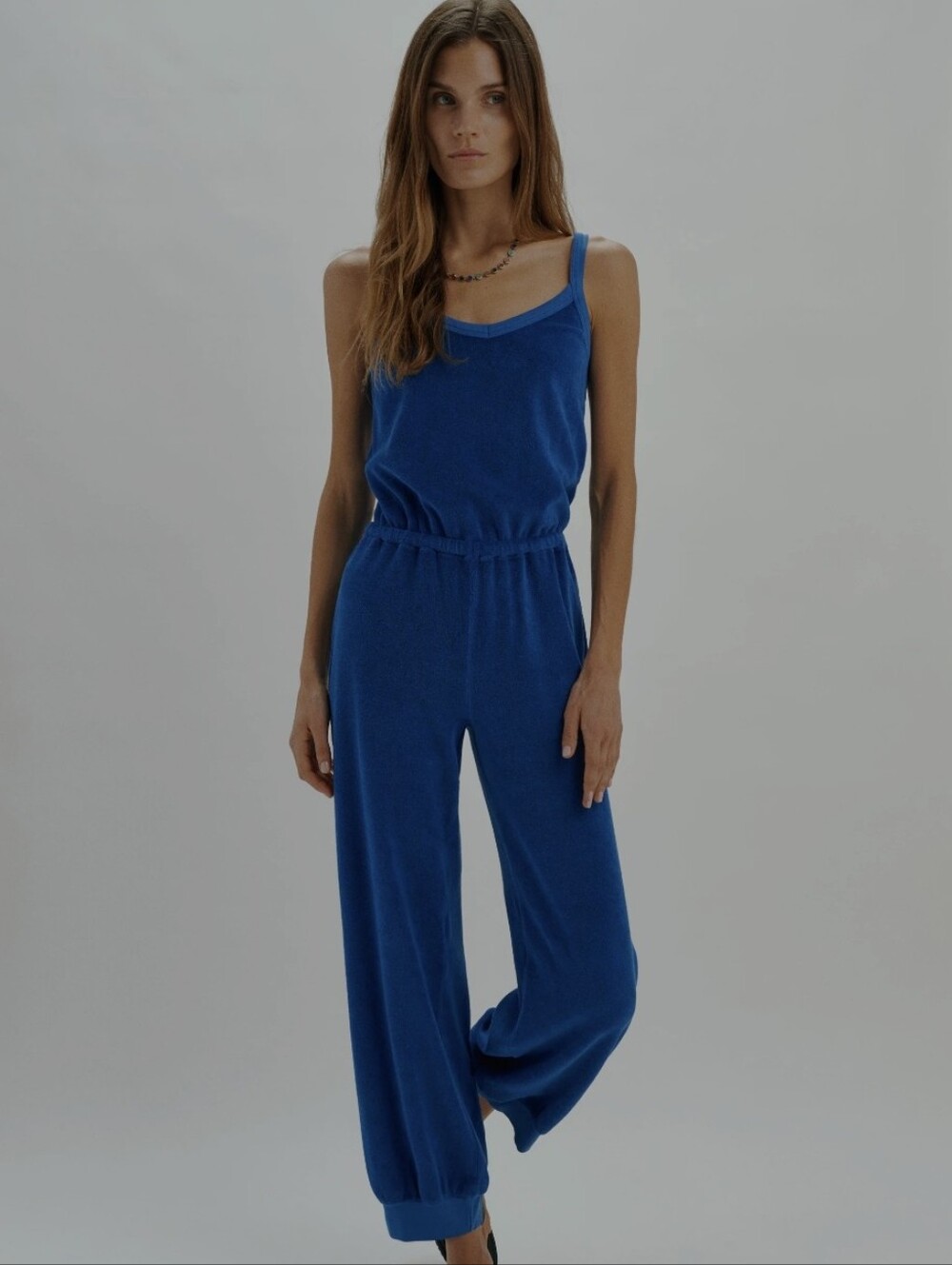 Suzie Kondi Elma Flare Tank Jumpsuit Thalassa Blue Beach Terry Size L NWT